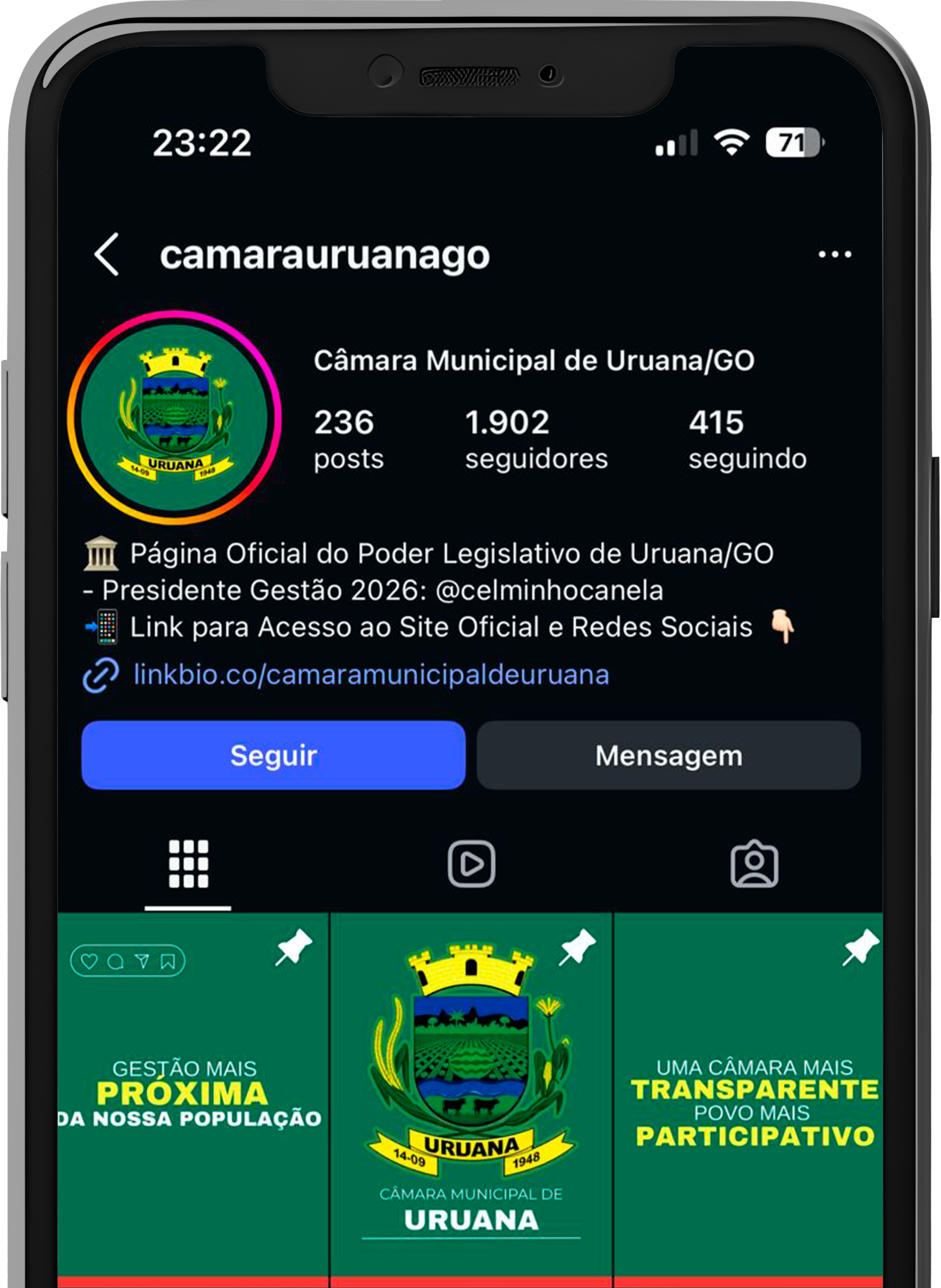 Perfil do Instagram da Câmara Municipal de Uruana